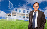Smiling Businessman with Ghosted House Drawing Behind