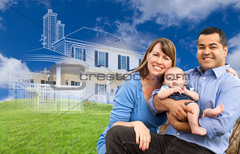 Mixed Race Family with Ghosted House Drawing Behind