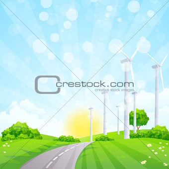 Green Landscape with Wind Power Station Trees and Road