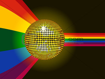 Disco ball glowing over rainbow background