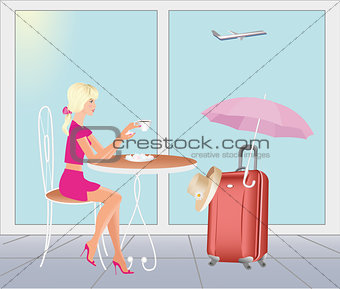 Girl at the airport in are going on vacations.