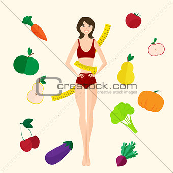 Slim girl, fresh fruits and vegetables. Proper lifestyle