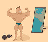 flat muscular sports man in the mirror. Cartoon character.