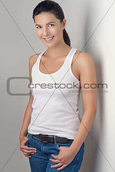 Pretty Woman in Casual Clothing Smiles at Camera