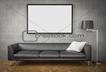 Mock up poster, big sofa, concrete wall background, 3d illustrat