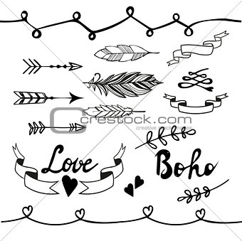 Collection of boho doodle design elements. Vector illustration.