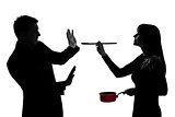 one couple man and woman tasting cooking sauce pan silhouette