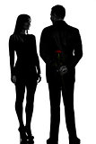 one couple man hiding rose flower and woman smiling silhouette