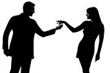 one couple man holding out inviting hand in hand woman silhouett