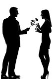 one couple man offering rose flower and woman  silhouette