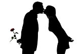 one couple man hiding rose flower and woman kissing silhouette