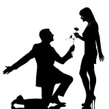 one couple man kneeling offering rose flower and woman smiling s