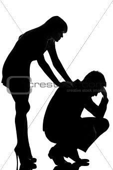 one couple man sad  and woman caring consoling silhouette