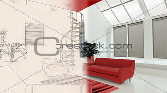 3D interior with half in sketch phase