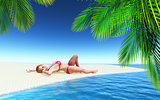 3D female sunbathing on a tropical beach