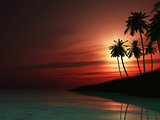 3D palm tree island at sunset