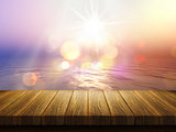 Wooden table with defocussed image of sunset ocean