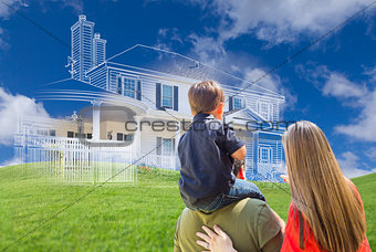 Young Family Facing Ghosted House Drawing Behind