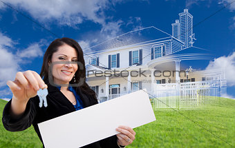 Woman Holding Keys, Blank Sign with Ghosted House Drawing Behind