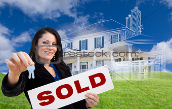Woman Holding Keys, Sold Sign with Ghosted House Drawing Behind