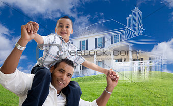Hispanic Father and Son with Ghosted House Drawing Behind
