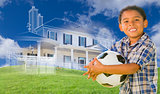 Mixed Race Boy Holding Ball with Ghosted House Drawing Behind
