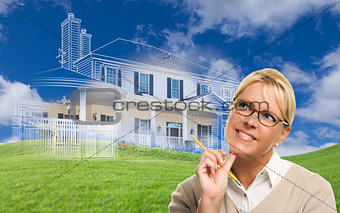 Smiling Woman Holding Pencil Looking to Ghosted House Drawing Be