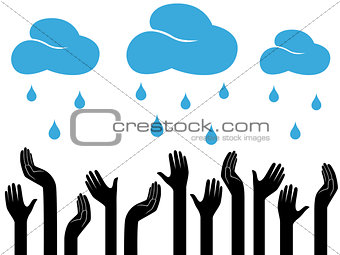 Human hands and raining clouds