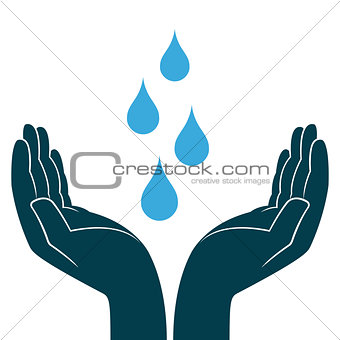Blue water drops in human hands