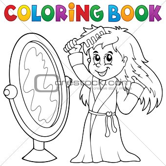 Coloring book girl combing hair theme 1