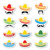 Mexican Sombrero hat with moustache or mustache icons