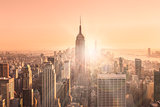 New York City Manhattan skyline in sunset.
