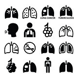 Lungs, lung disease icons set - tuberculosis, cancer