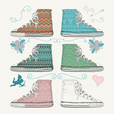 Variations of Sketched Sneakers. Vector Illustration.