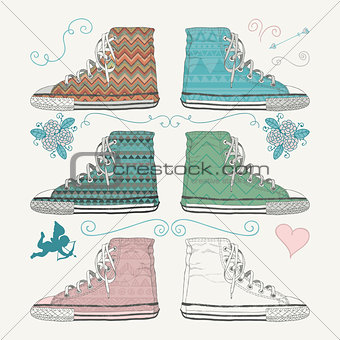 Variations of Sketched Sneakers. Vector Illustration.