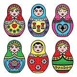 Matryoshka, Russian doll colorful icons set