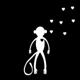 Silhouette white monkey black background hearts