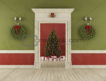 Retro room with christmas tree