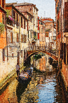 Venice watercolor style  picture. Gondola