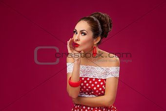 Happy woman  shouting, isolated on white background. Pin-up retro style