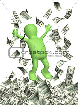 Happy 3d man and a money rain with dollar banknotes