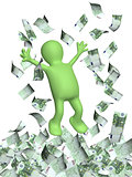 Happy 3d man and a money rain with euro banknotes