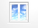 Closed window and clouds on blue sky