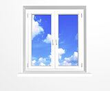 Closed window and clouds on blue sky