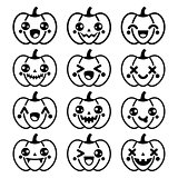 Halloween Kawaii cute black pumpkin icons - vector