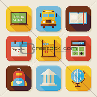 Flat Back to School Squared App Icons Set