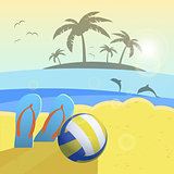 Depicted still life beach volleyball, ball, palms, sea. Vector background