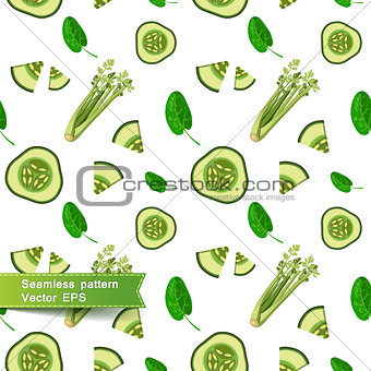 Seamless pattern with slices of vegetables. Cut the cucumber.