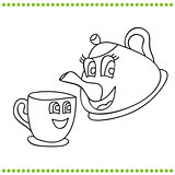 Funny teapot and cup - coloring book