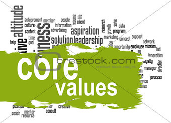 Core values word cloud with green banner